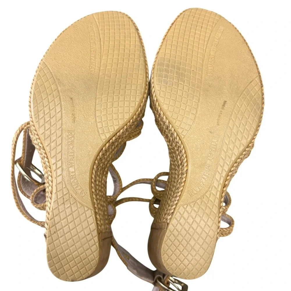 Stuart Weitzman Reins Wedge Sandals Womens Size 8 Tan Braided Leather Heels